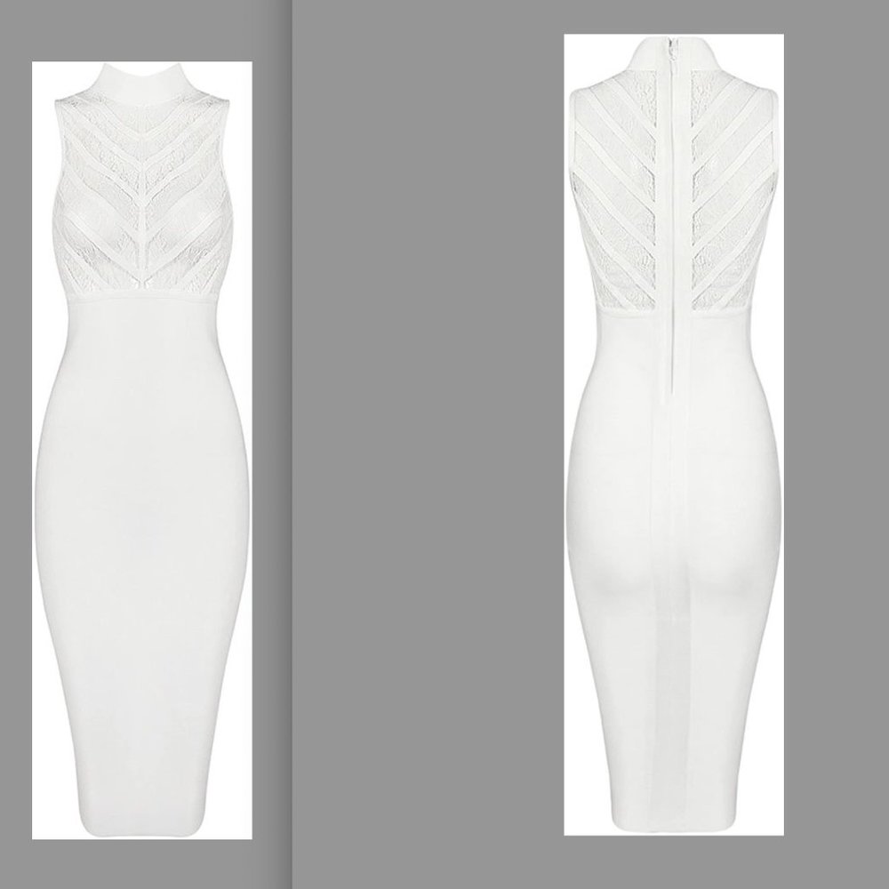 White Bandage Sleeveless High Neck Floral Lace Bandage Dress